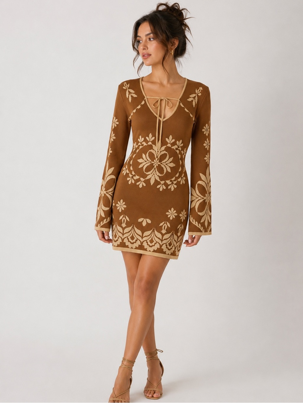 MISA Los Angeles Sahar Floral Knit Bell Sleeve Mini Dress Brown Cream Size Small